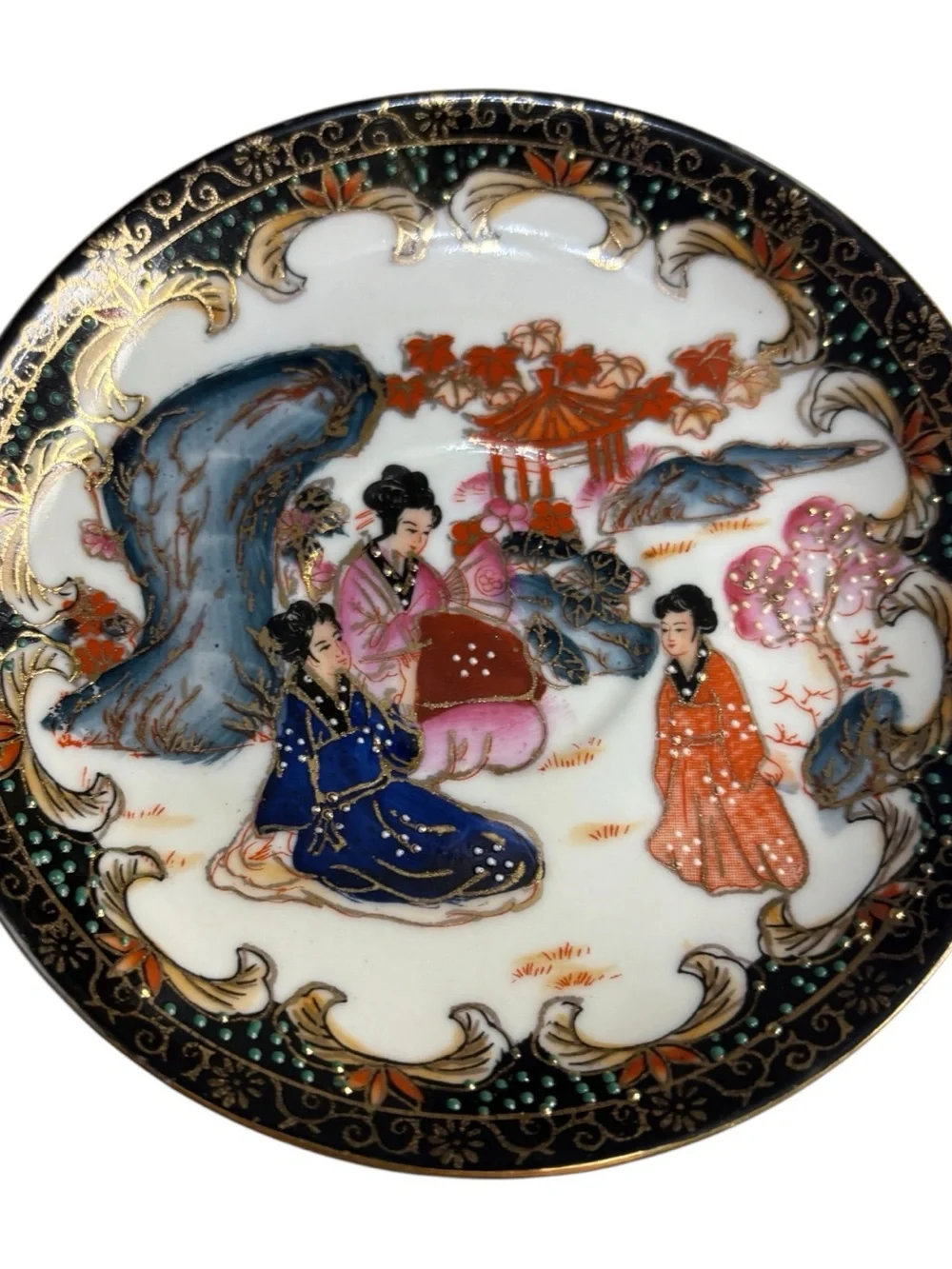 Vint Hand Painted Satsuma Chinese Porcelain Cup Saucer Gilded Gold Geisha Girls